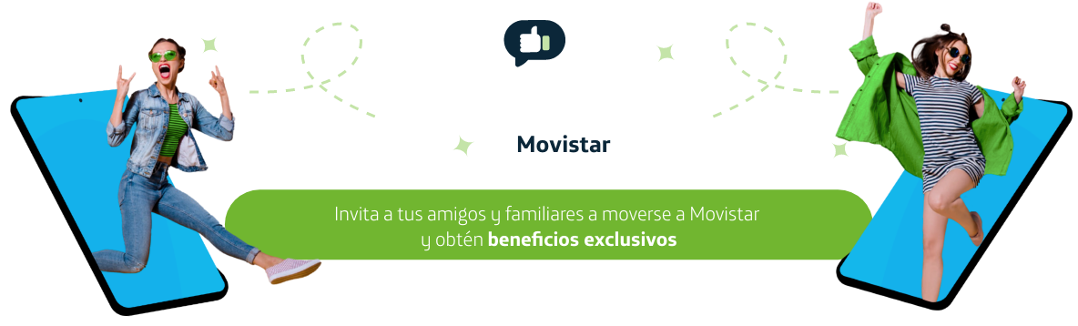 Invita a tus amigos y familiares a moverse a Movistar y obtén beneficios exclusivos con referidos. Chicas sobre smartphone