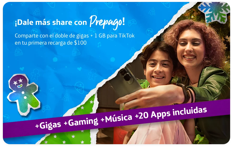 Comparte con el doble de gigas +1GB para TikTok en tu primer recarga de $100. Madre e hijo tomándose una selfie