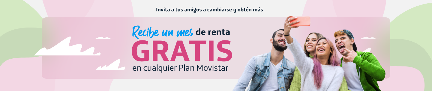 Invita a tus amigos a cambiarse y obtén más al recibir un mes de renta gratis en cualquier plan Movistar. Amigos tomándose una foto