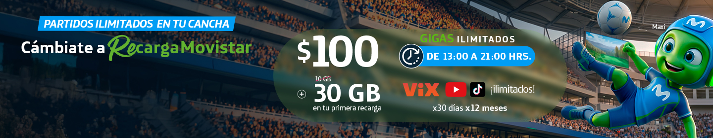 Al cambiarte a Movistar, tu recarga de $100 te da YouTube y TikTok ilimitados por 30 días. Disfruta este beneficio por 12 meses.