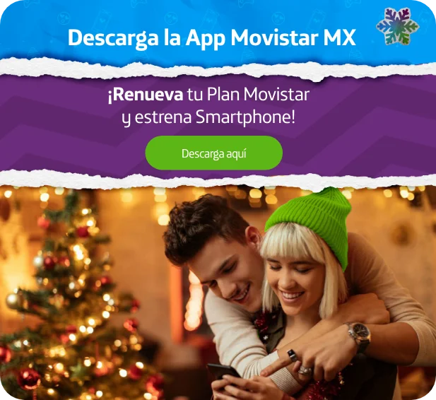 Descarga la App Movistar MX, renueva tu plan y estrena un smartphone. Banner chica con smartphone