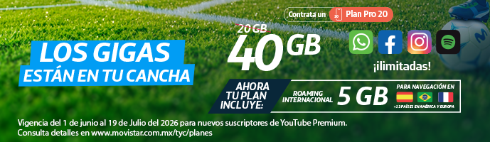 Contrata el Plan Pro 18 de Movistar y recibe el doble de gigas (36 GB) por 3 meses. Incluye YouTube y TikTok ilimitados y roaming
