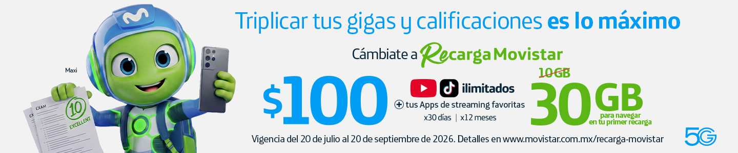 Triplica tus gigas al recargar $100 en Movistar. Obtén 30GB en tu primera recarga, más YouTube y Twitter ilimitados