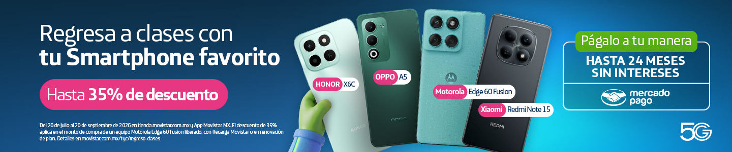 Regresa a clases con smartphone nuevo. Ahorra hasta 35% de descuento en equipos Honor, OPPO y Motorola con Movistar. Paga a tu manera