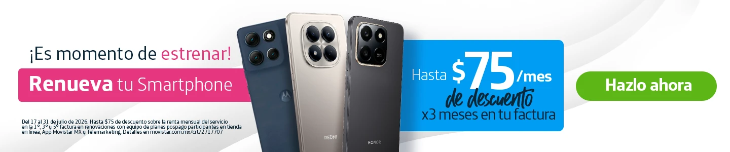 Renueva tu smartphone con Movistar. Oferta en equipos Motorola, Redmi y Honor con descuento en tu factura. ¡Estrena celular con nosotros!