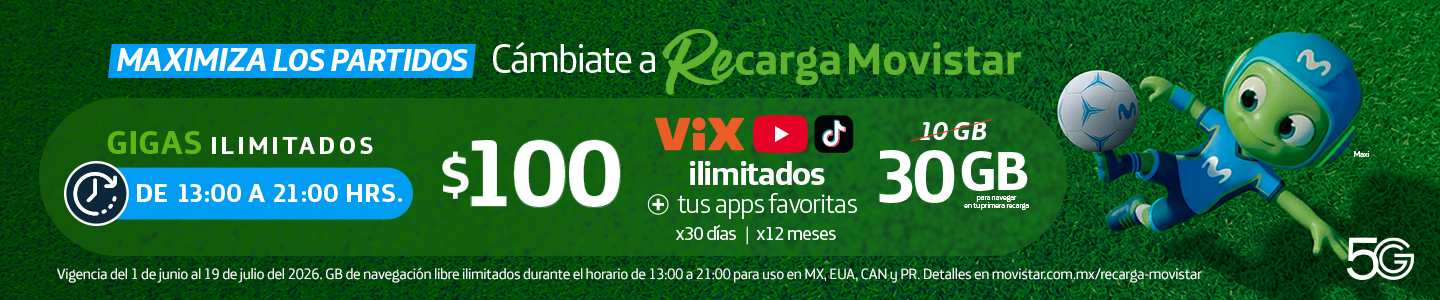 Haz una recarga Movistar de $100 y obtén GB ilimitados de 1 a 9 pm, más tus redes sociales favoritas con la red 5G