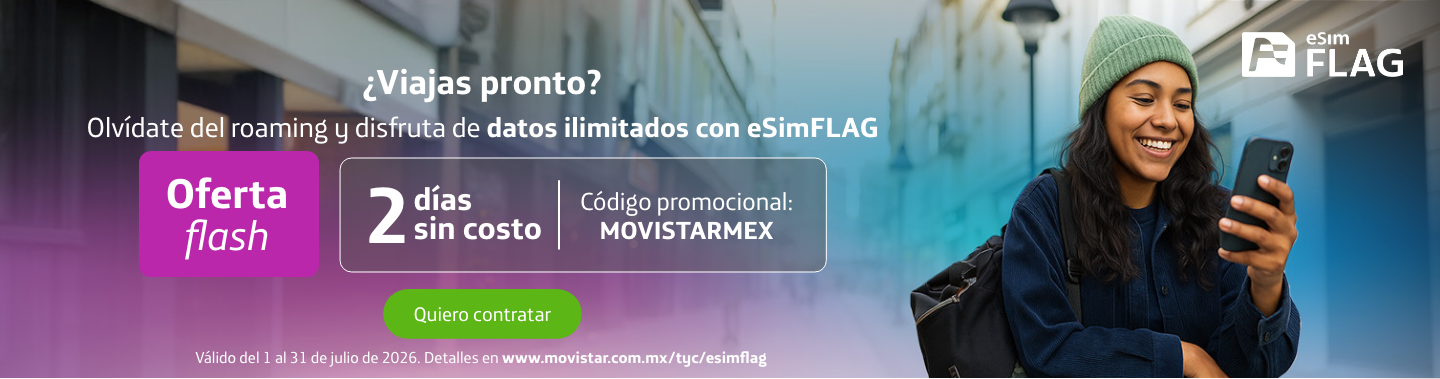 eSIM FLAG para Viajes Internacionales - Movistar Banner de eSIM internacional para viajar conectado con datos ilimitados. Activa tu plan de viaje Movistar y navega sin preocupaciones.